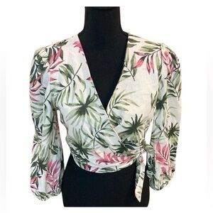 Gal Meets Glam Tropical Floral Wrap Blouse - Green and Pink Sz 8